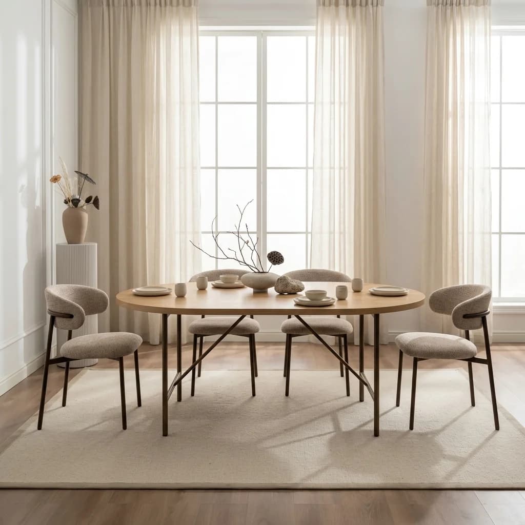 Vier Aiko eetkamerstoelen rond ovale eiken tafel